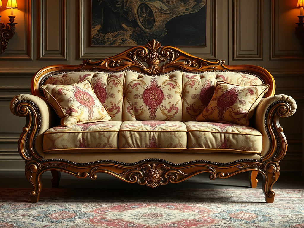 Elegant vintage sofa with detailed wooden frame and floral-patterned upholstery, featuring decorative cushions.